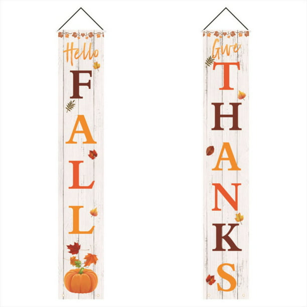 Happy Fall Thankful Hanging Banner Thanksgiving Porch Sign Autumn Pumpkin Maple 